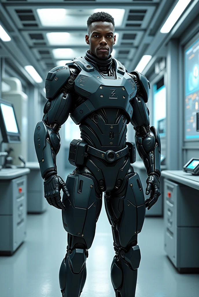 looking at a future army officer. he looks like a robot. he is a fit man. he has sharp eyes. he should have a laboratory around his environment.he is a black man