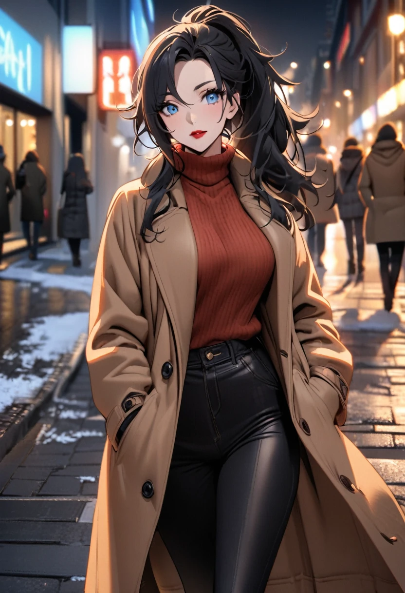 Mature woman, perfect eyes, long black hair, messy hair, blue eyes, medium breasts, black eyeliner, sexy woman, winter clouthes, sweater, brown outcoat, hands in pocket, in the street, red lipstick, winter, ponytail in the hair, frost.