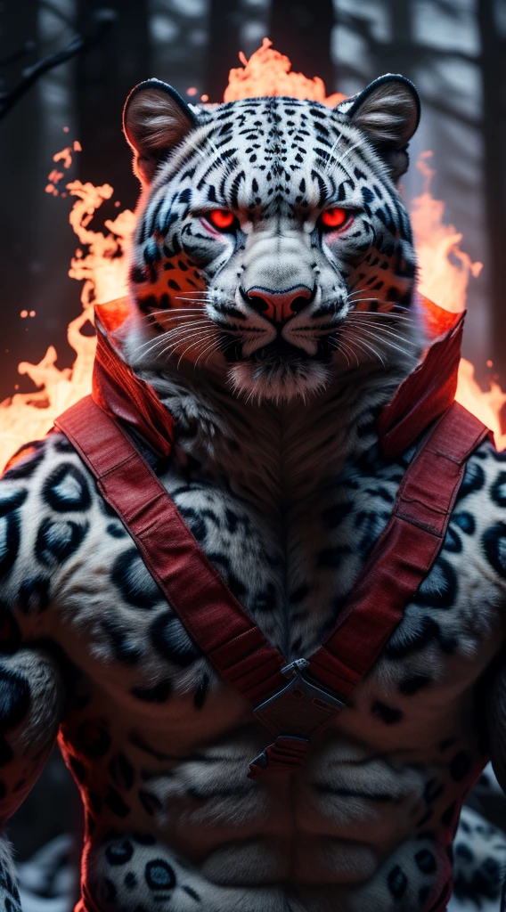 (best quality,16k,32k,highres,masterpiece:1.2),ultra-detailed,(realistic,photorealistic,photo-realistic:1.37),(The ultimate Orochi snow Leopard) glowing red eyes realistic fire background of totally destroyed Forest alone looking at the camera serious expression.