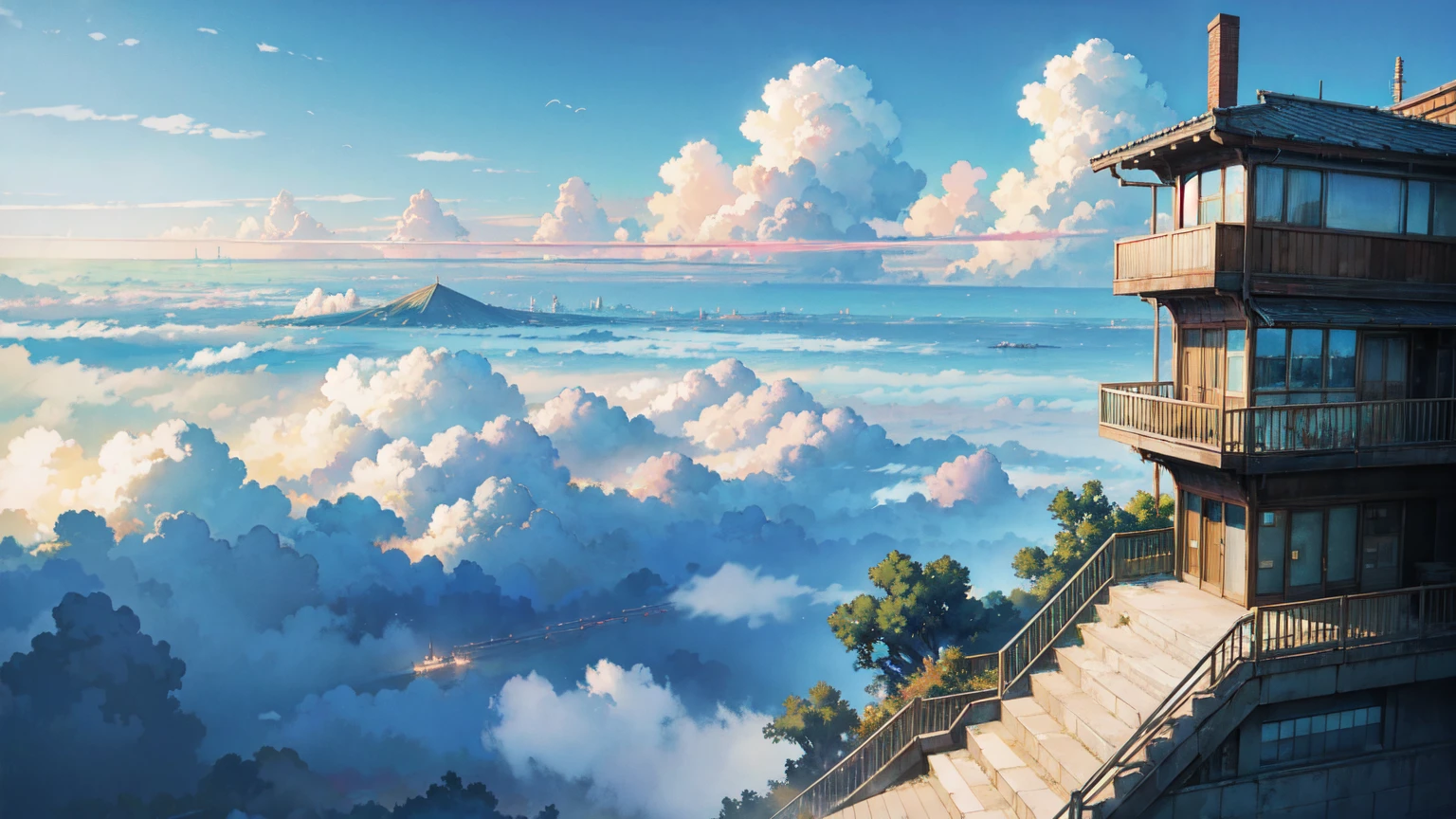 Bright picture, Makoto Shinkai, city in the sky, not connected to land, above the clouds, stairs in the sky, illustration, nostalgic, vivid, background only, bright, fresh, stairs