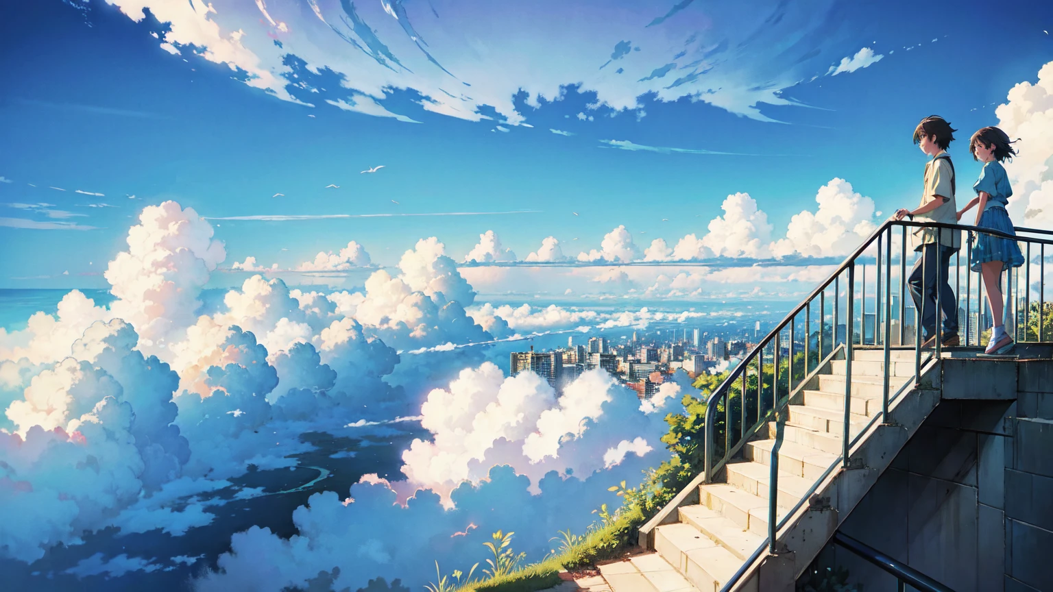 Bright picture, Makoto Shinkai, city in the sky, not connected to land, above the clouds, stairs in the sky, illustration, nostalgic, vivid, background only, bright, fresh, stairs