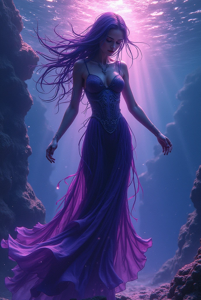 Android woman purple long flowing intricate body parts Atlantic gothic art romanticism dynamic lighting lens flare underwater motion blur colorful complex beautiful detailed elaborate eldritch ocean expansive glowing neon hyperdetailed mysterious seascape ominous spiraling synesthesia retrofuturism auroracore dreamcore deep sea deep color watercolor wet brush wet wash horror synthwave