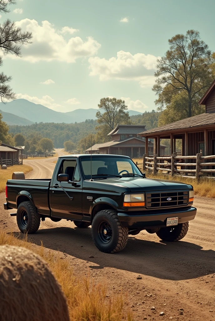 For cell phone wallpaper, a black 1998 ford ranger along with a harley, em um rancho