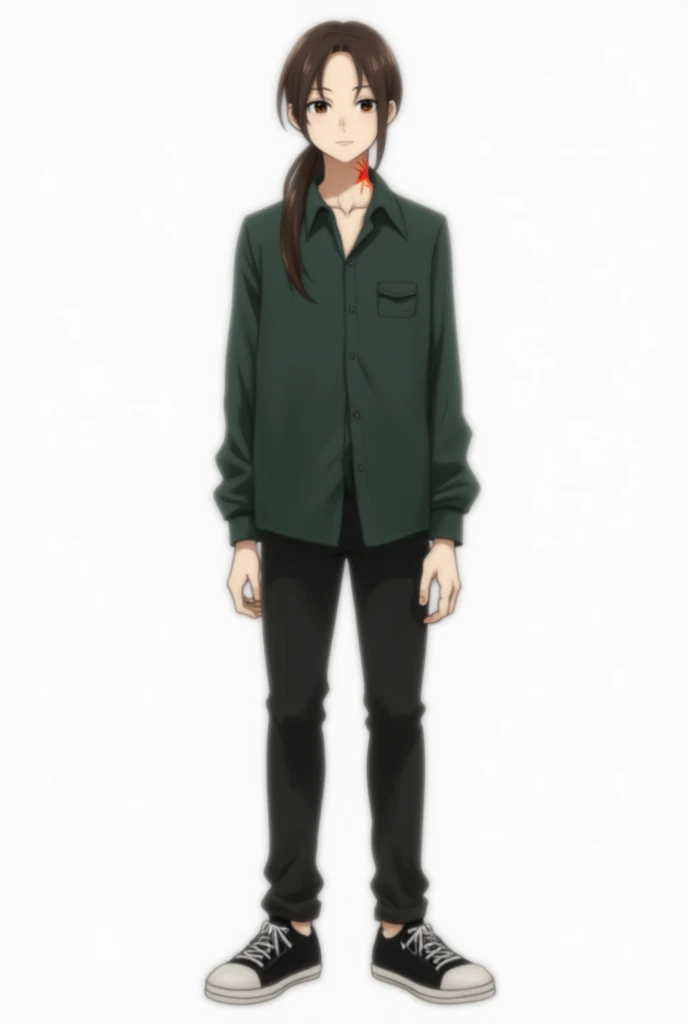 Dark Simple Serious Art, character front full body standing, just the character in the image, adult, plain white background, white skin man, eyes browns, long hair in ponytail, dark green blouse, black pants, Black sneakers with white soles, burn behind the neck.