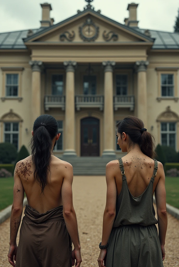 1 man and 1 woman facing a luxurious house with shabby and dull clothes with scratch marks on their bodies.