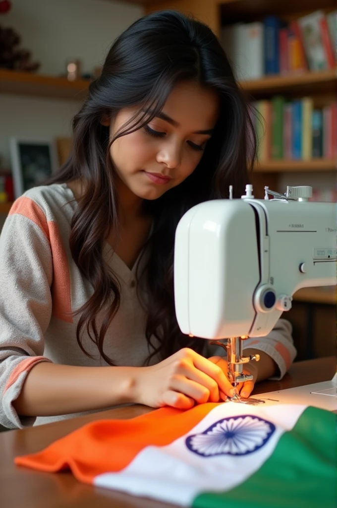 Indian flag colour sewing machine use by punjabi girl

