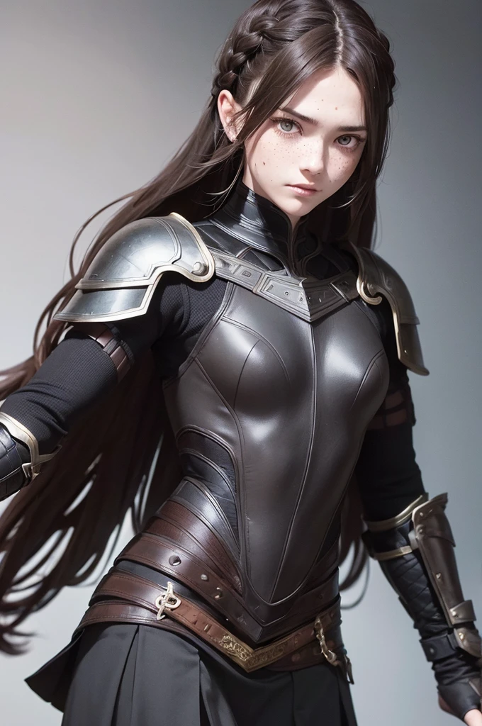 girl, frontal position, close up, sharp eyes, freckles, smirk, brown hair, braids, blood, black armor, black breastplate, back-hanging sworn, black shirt, compression shirt, black skirt, office background, long skirt, best quality, expressive eyes, perfect face, masterpiece, 4K, 8K