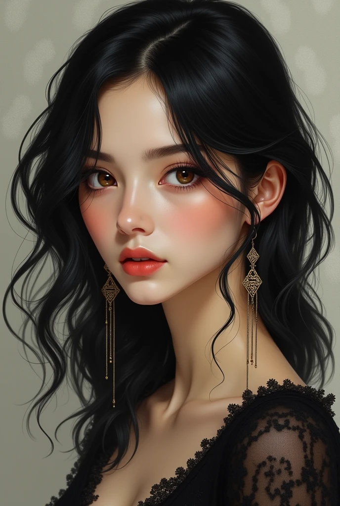 A woman with black hair, brown eyes round face, with long earrings, 