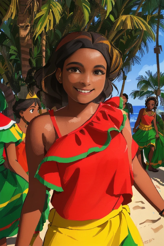 There is a woman in a red and green dress smiling., colors of hibiscus, Jamaican colors, 30 year old Cuban woman., Maria Borges, caribbean, young african woman with light skin, Edited, jamaica, Malika Favre, african american young woman, wearing authentic clothes, Dancing on a tropical beach, Cuban women in Havana, Jamaican atmosphere, african woman