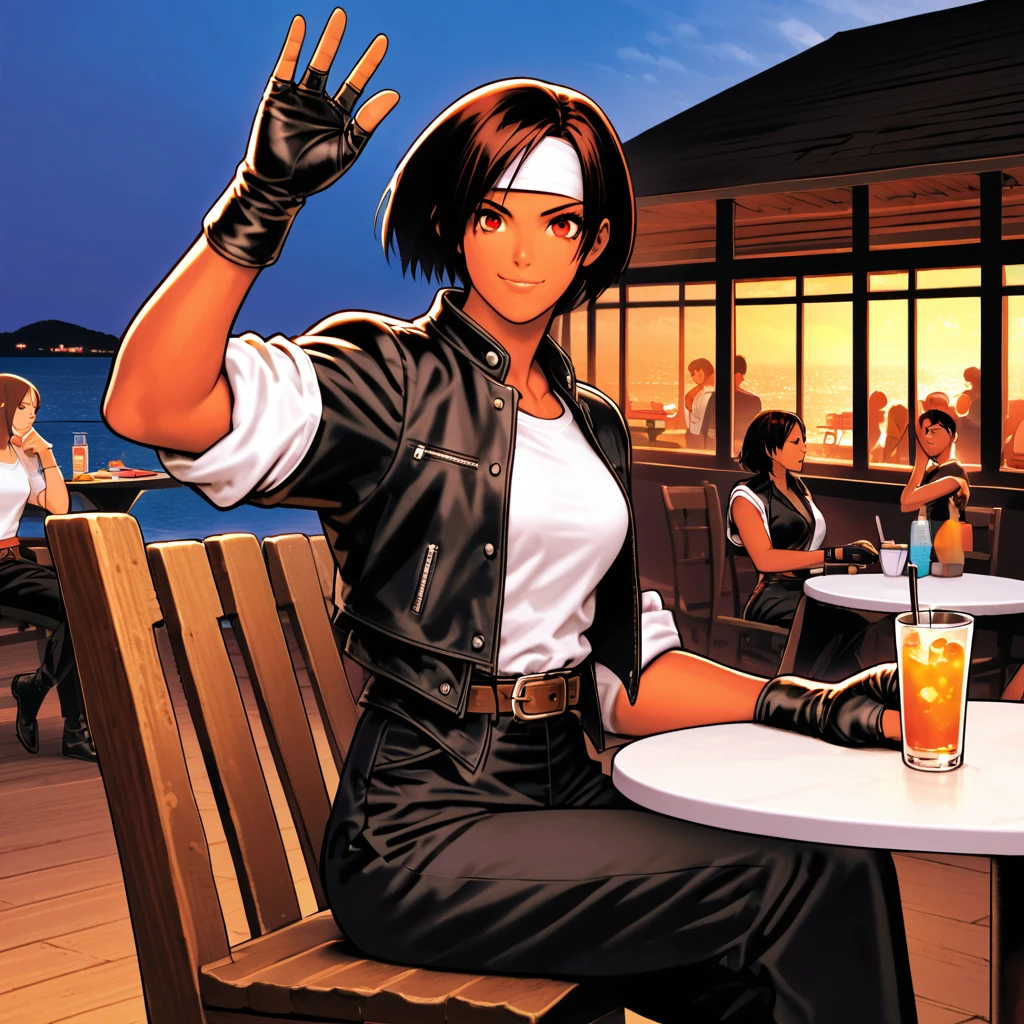 One person,woman,short hair,Dark Skin,Red eyes,(black jacket with sleeves rolled up),Fingerless gloves,White T-shirt, (White headband on forehead),Black trousers,White shoes,Brown belt,cute,Indoor Party,Charm Points,Ocean View,Slightly large chest,Outdoor,high quality,good looking,A confident smile,Dining with friends on the terrace,Vibrant atmosphere,Sit on a chair,Waving to a friend