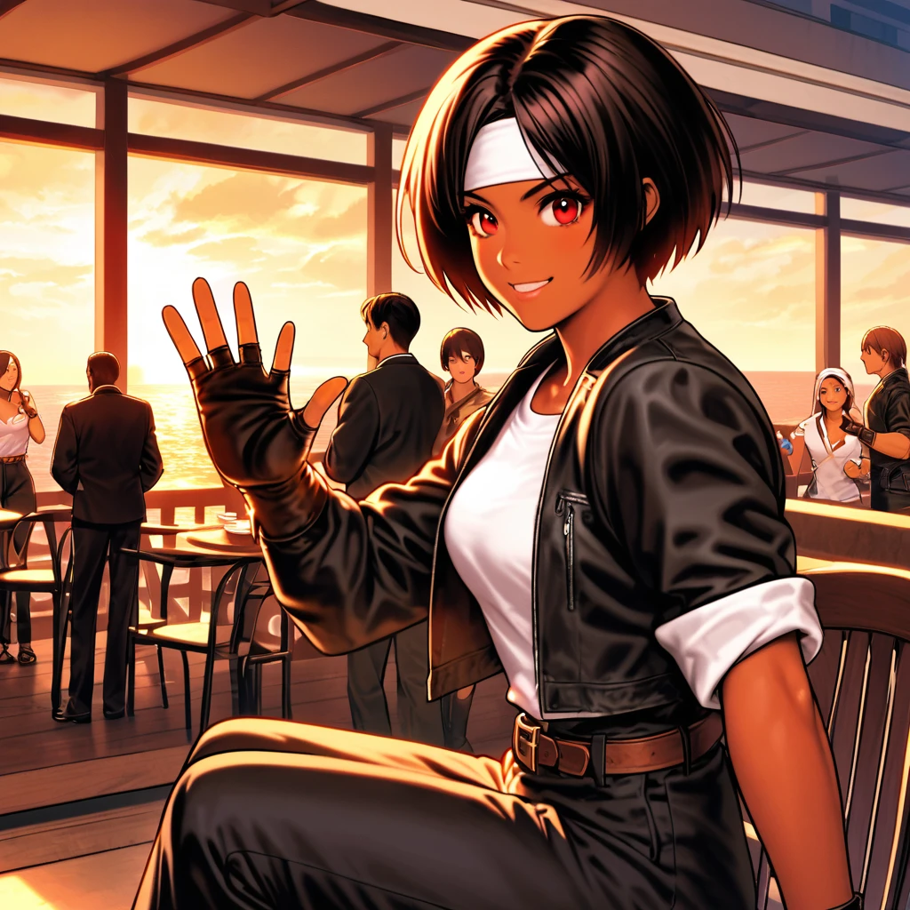 One person,woman,short hair,Dark Skin,Red eyes,(black jacket with sleeves rolled up),Fingerless gloves,White T-shirt, (White headband on forehead),Black trousers,White shoes,Brown belt,cute,Indoor Party,Charm Points,Ocean View,Slightly large chest,Outdoor,high quality,good looking,A confident smile,Dining with friends on the terrace,Vibrant atmosphere,Sit on a chair,Waving to a friend