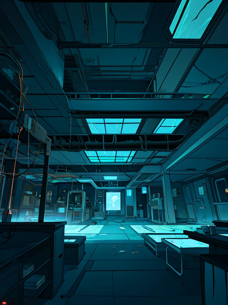 science fiction comics,laboratory,cyber architecture,night,Abandoned buildings,dim light,Horror movies,Scenes,no one