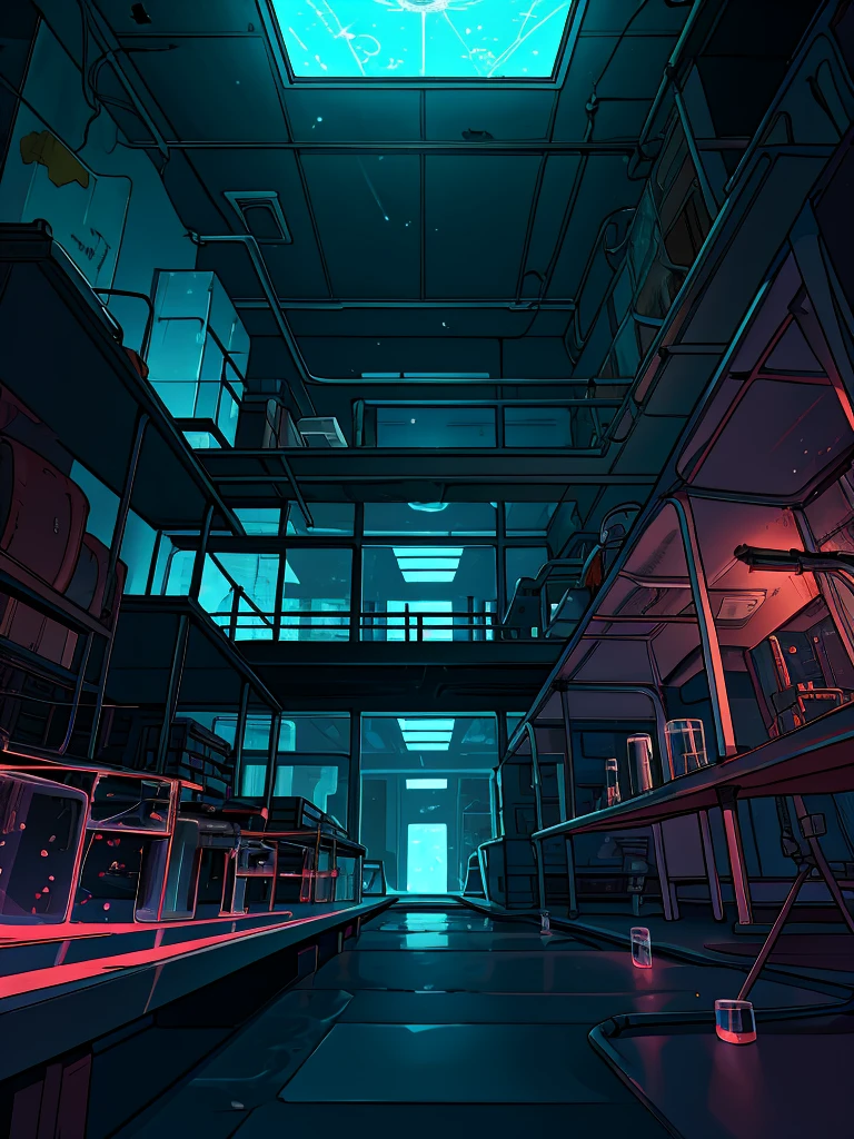 science fiction comics，laboratory，cyber architecture，night，Abandoned buildings，dim light，Horror movies，Scenes，no one