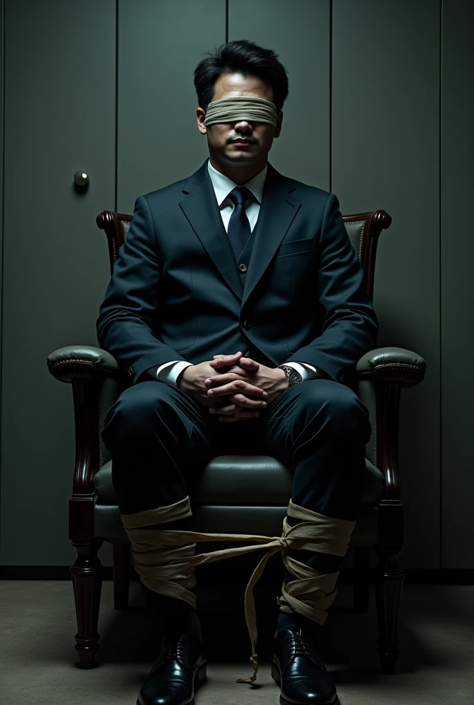 A Korean suit man tied up blindfold on chair dick