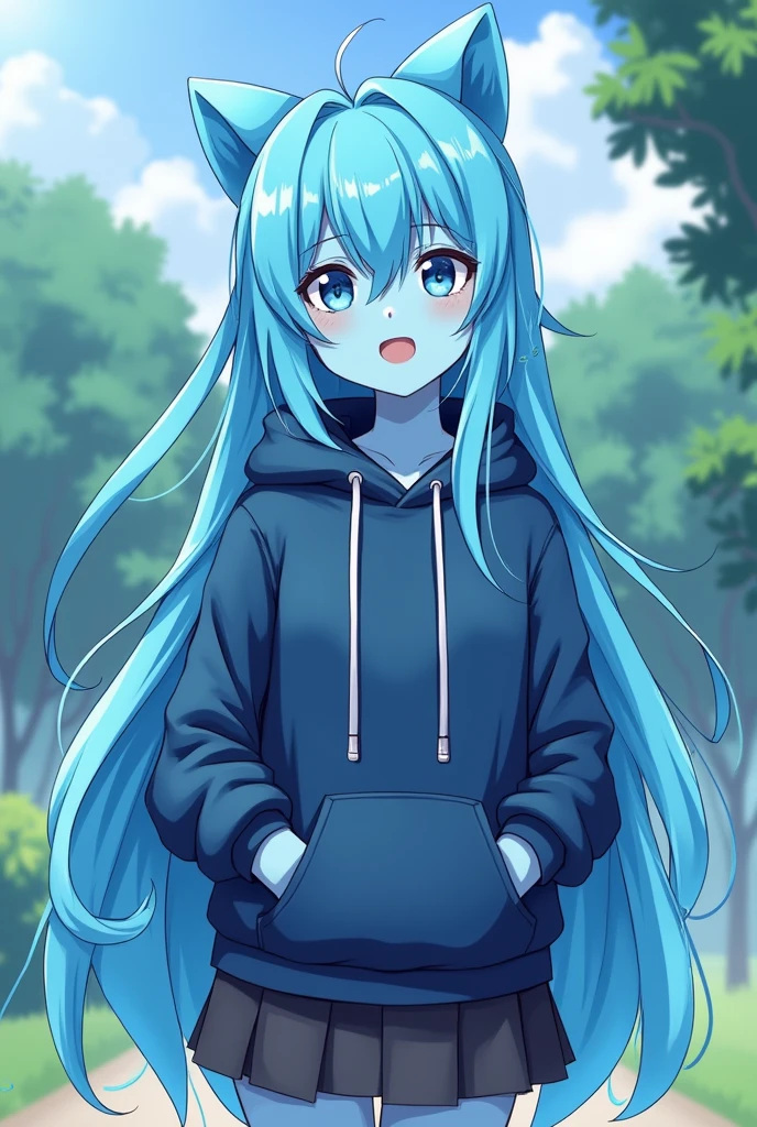 a anime slime 1girl with blue skin and slime hair, wearing a hoodie and a skirt, smile, park