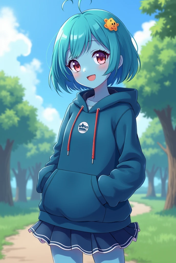 a anime slime 1girl with blue skin and slime hair, wearing a hoodie and a skirt, smile, park