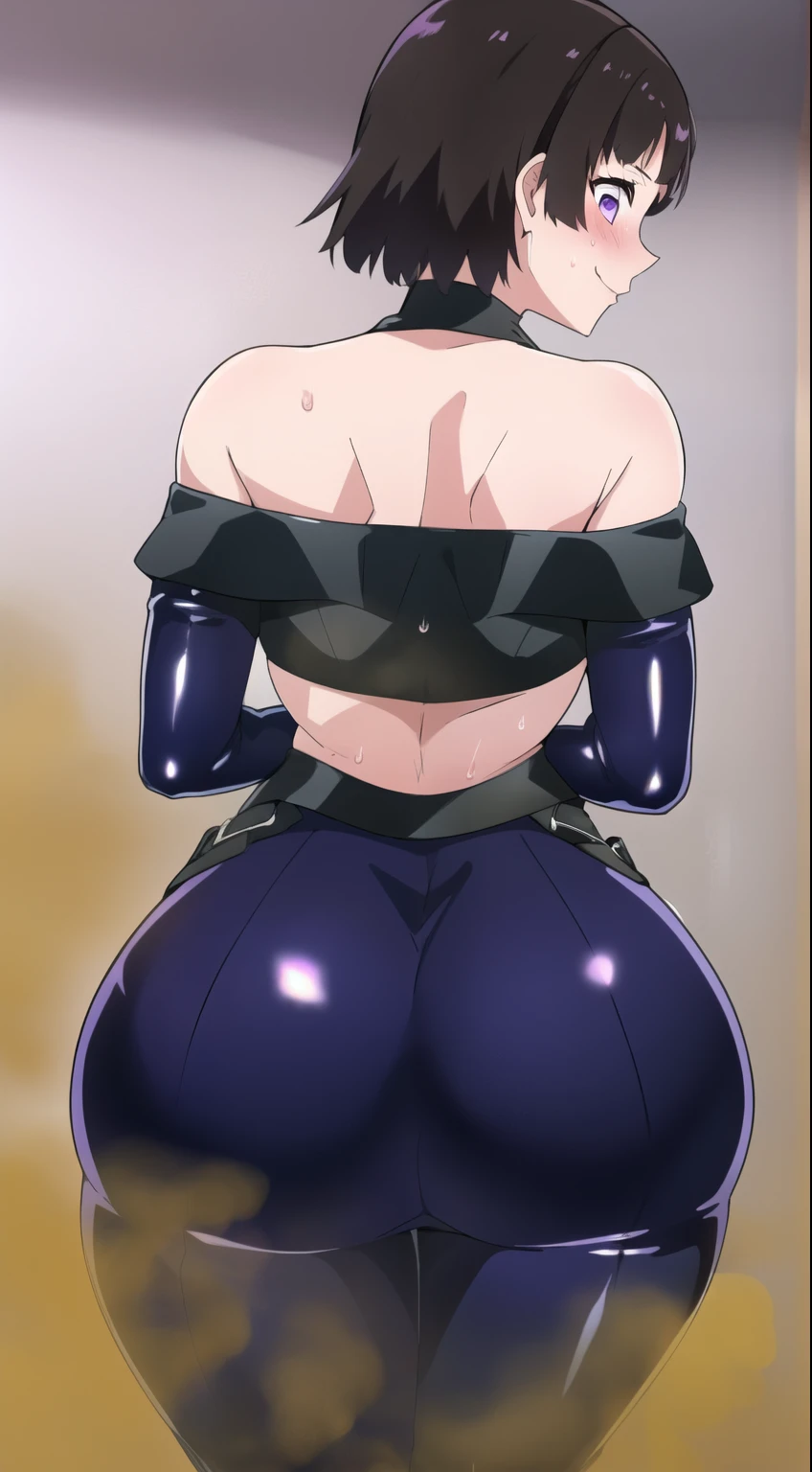 masterpiece, 1 girl, alone, Shortcuts, , Makoto "Queen" Niijima (Makoto Niijima) - Persona、Looking at the audience, Big Breasts, Mature Woman, blush, smile, Black Hair、Lilac eyes, Pink Bed, Mature Woman,Black latex gloves,Purple off-the-shoulder latex suit,Purple Skirt,Purple off-the-shoulder latex,Purple latex skirt,Latex shirt,Purple latex off-shoulder shirt,Armpit sweat, arched back, View from behind, Back pose, Buttocks emphasized curves, arched back, Very beautiful delicate face, Highest quality details