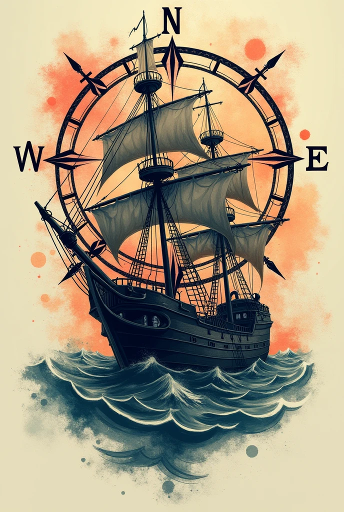 tattoo design that can include a destroyed ghost pirate ship as the main, a broken compass as a background highlighting north and south , The colors will be like a splash of paint