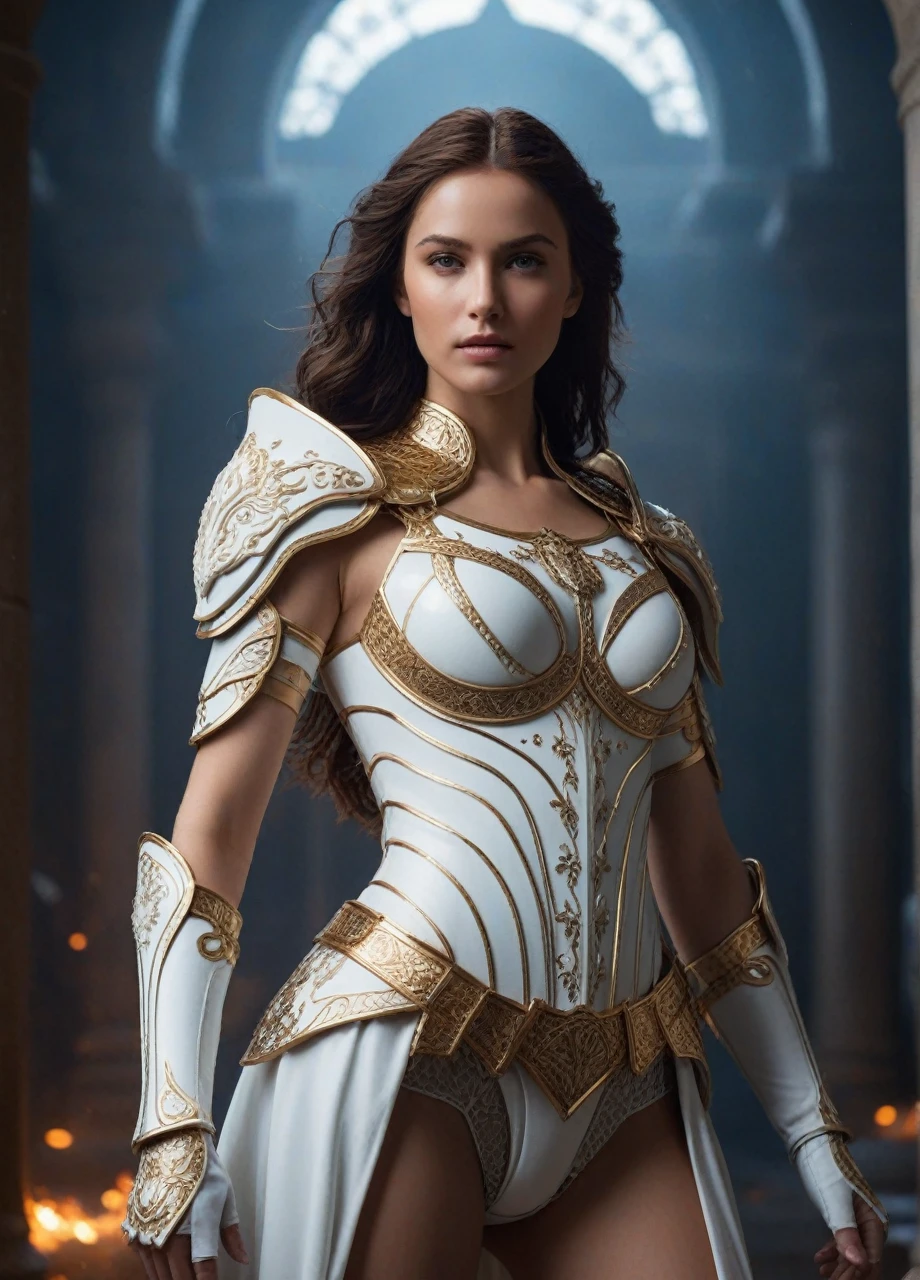 (((full body photo))) HKStyle,Envision a striking woman in battle-worn, (realistic skin:1.5), (beautiful face:1.4), white armor, her presence exuding both strength and grace within a minimalist, pure white sanctum. ((Full body photo,standing, feet on the ground)) Her armor, though predominantly pristine, is artfully adorned with a cascade of celestial motifs and intricate filigree that shimmer with a subtle iridescence. In her hand, a formidable sword with an ornate hilt and a blade that reflects a kaleidoscope of ethereal colors, as if forged from the very essence of light. The wall behind her comes alive with an explosion of vibrant, cosmic paint splatters, reminiscent of a supernova, with hues of deep purples, fiery oranges, and celestial blues that create a stark contrast against the white room and armor. The vivid paint seems to be in motion, ((Full body photo,standing, feet on the ground)) with droplets suspended in the air, capturing the aftermath of a mythical battle. Her stance is one of defiant beauty, eyes that tell tales of ancient wars, her hair a flowing tapestry of gold that catches the light of the surrounding chaos. The scene is imbued with an otherworldly glow, adding a sense of surreal drama to the composition, making it not just a picture, but a story of the cosmos itself woven into the very fabric of her being