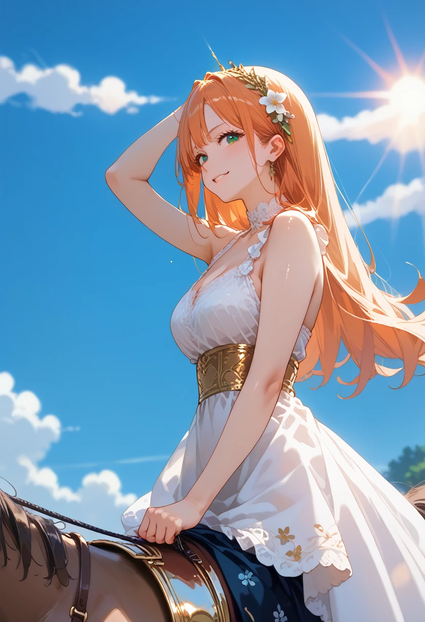 Beautiful Girl on Horseback, Very detailed and detailed, ranch all in the rays of sunset Beautiful and Masterpiece, Everything is in bright colors The girl seems to sparkle, clear detail,cinematic film still,score_9,score_8_up,score_7_up,masterpiece,best quality,8k,source_cartoon,source_アニメ,Shine