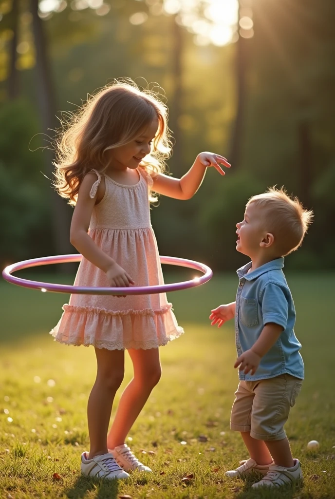 A girl doing hoola hoop and the boy looking at her