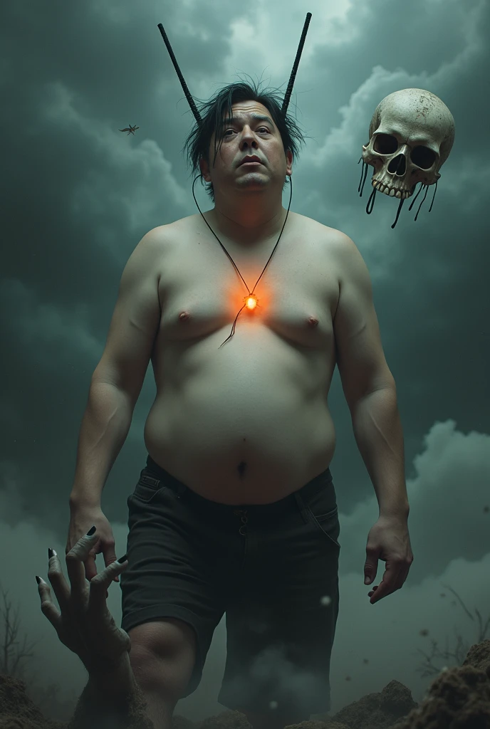 A white man with black hair. fatter, wearing no shirt, with a faint orange light coming out of his chest, surrounded by many dark and black clouds. a gray skull flying near your head. coming out of the ground a gray zombie hand with long nails grabbing the man's leg. On the man's head two long wires one short black wire