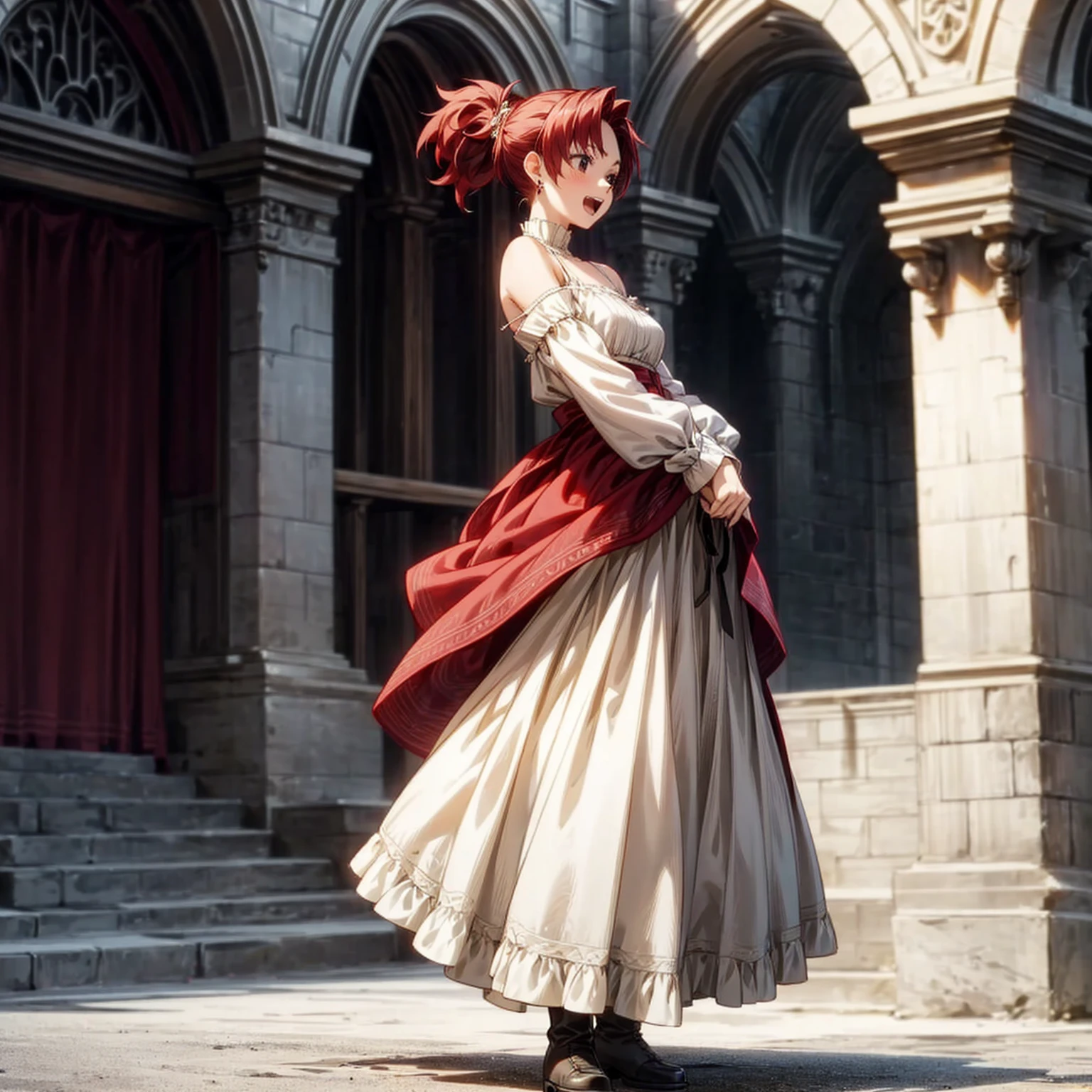 Solo character, full body version, young girl, black eyes, red color hair, long hair, ponytail, long dress clothing, Victorian dress, white color dress, bare shoulder clothing, long skirt, boots, earrings, outdoor, village, medieval, morning, standing gesture, detailed background, detailed clothing, detailed hair, happy eyes, open mouth, Medium breast 