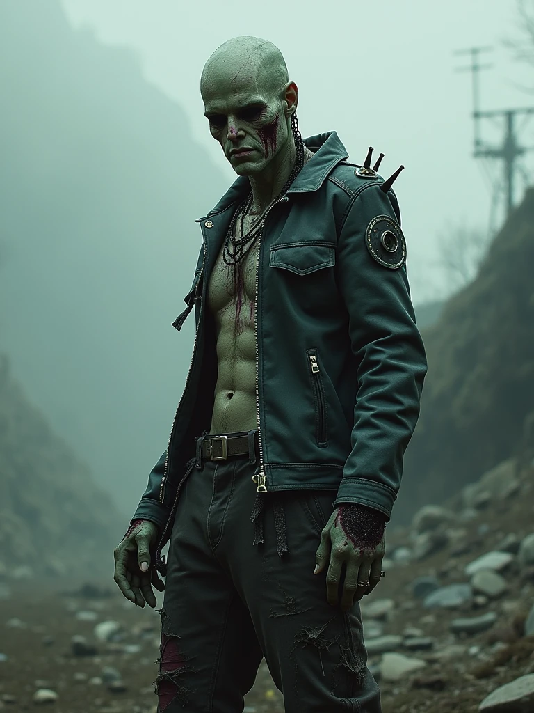 créer une image futuriste, personnage tech métal punk d’un zombi portant des vêtements déchirés, flippant, punk à l'air brutal, fantasme gothique, virus zombie stade nucléaire