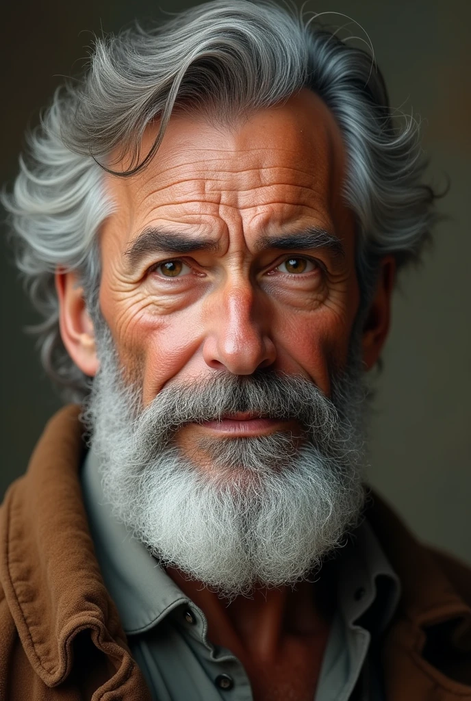 Generates a light brown man, wavy hair, with beard and gray hair