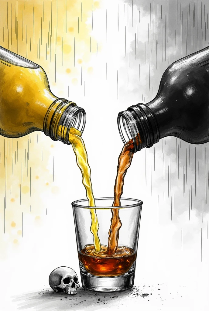 A lemonade bottle and a whiskey bottle simultaneously pour liquid into a whiskey glass.with skull picture. In the background there is rain, sun and lightning at the same time. White background. Picture in black and white. sketch