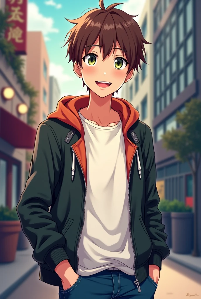 Anime style image of a 26 year old man with brown hair, short hair, round face, Skinny body, Street clothes, smiling, green brown eyes