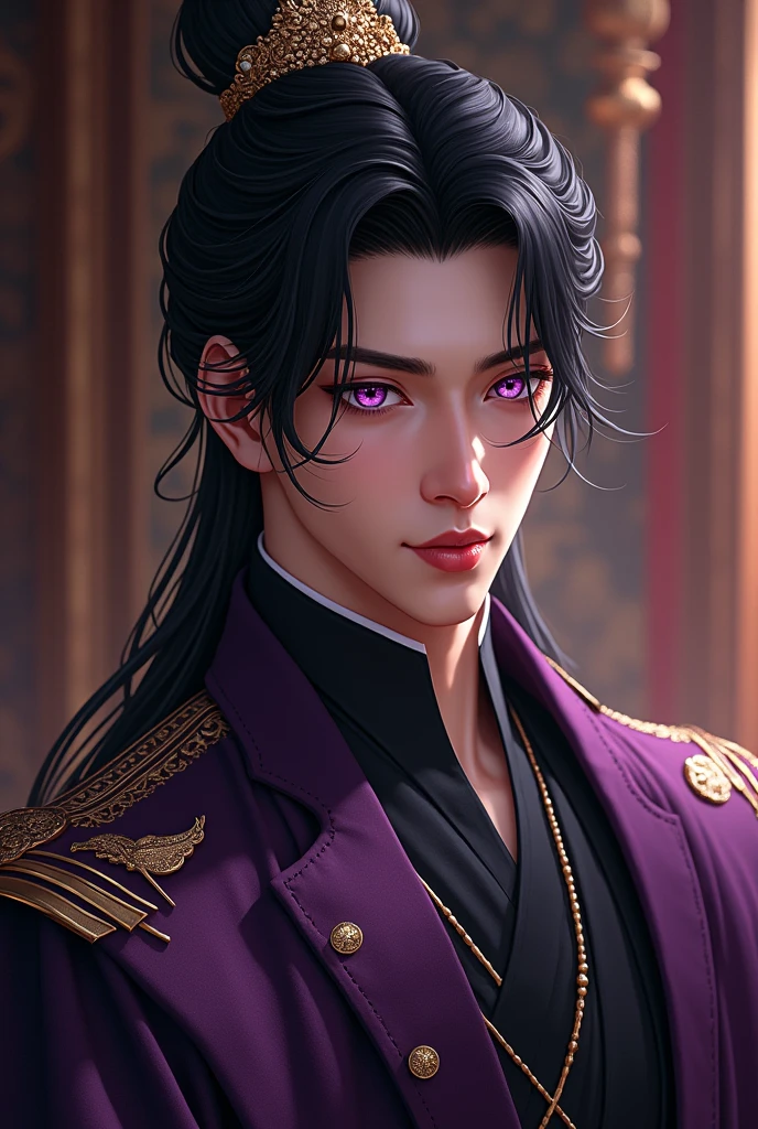 male, black hair, purple eyes, emperor, languid eyes, The alluring 30s, bust, Licking her lips with her tongue slightly sticking out