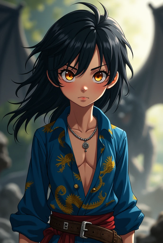 , Blue Pirate Shirt Unbutton, Minor, Round face, child 12 years old, round face, neck necklace,Hunting around his neck, serious face,  Long Sleeve, Gold Dragon Pattern Shirt , Bright Orange Eyes, Firm Face, Long hair, black Hair, Handsome Man, Pirate Belt, Sword in hand , Blurred silhouette of a dragon in the shadows, , atmosphere , Anime manga style.  