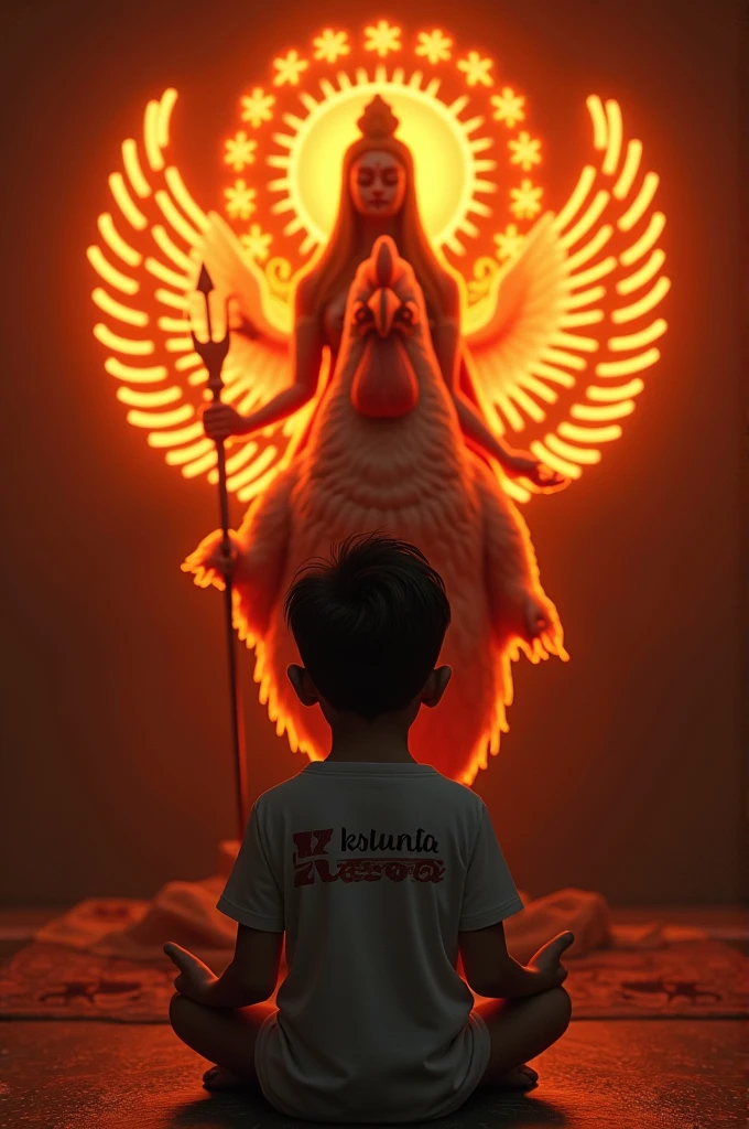 Create realistic Full picture" A Boy is worshiping Durga Mata, seated in front of the women and Durga Mata is sitting on a real rooster and has trishul in her hands and "krishna" is written on the Boy tshirts and the Boy is worshiping and also in Big and bold orange Neon light fonts written "Bahuchar Maa" on the brown wall. She has no shadow and there are realistic neon wings to make it