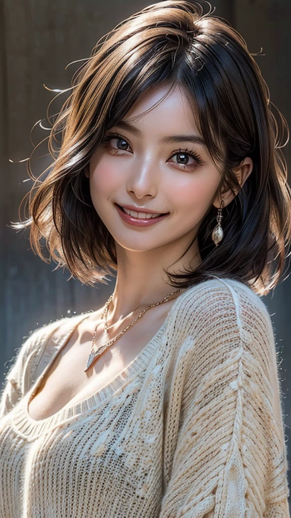 ((Beautiful Face:1.4)), (Purelos Face_v1: 1.0), (Highest quality, 8k, 32K, masterpiece, Ultra-high resolution:1.2),Beautiful Japanese Women Photos, Large Breasts, Very short bob hair,Upper Body,(Extra Large_sweater,:1.2) necklace, Simple Background, Look around,((Natural breasts:1.0)),((smile))