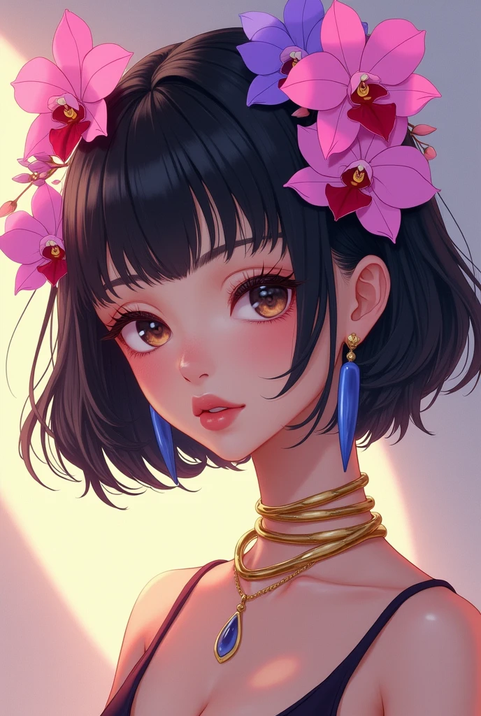 Create an elegant anime-style portrait of a young woman with short, black hair adorned with vibrant, colorful flowers, including pink and purple orchids. The woman should have a soft, delicate expression with light makeup, featuring red eyeliner and pink lips. Her gaze should be slightly downward. She is wearing a stylish, modern outfit Her accessories include a large, gold choker necklace, long blue earrings, and her nails are painted in a matching shade of blue. The background should have a soft, abstract design with warm lighting and subtle, the should in a hyper realistic anime style, the Colors are low saturation yet vibrant, not shiny, painting