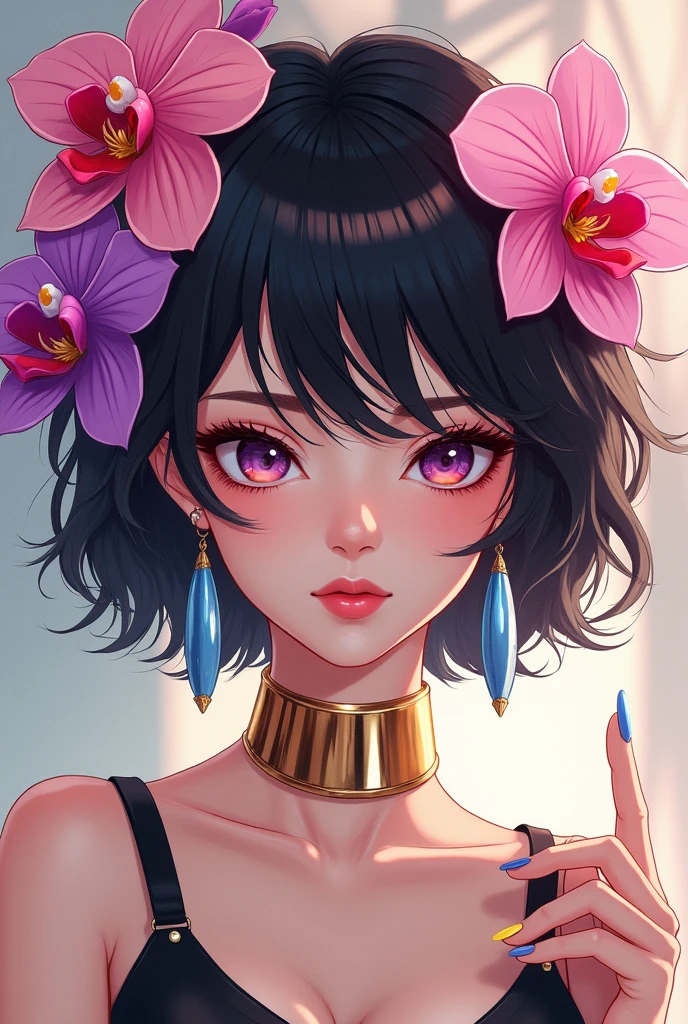 Create an elegant anime-style portrait of a young woman with short, black hair adorned with vibrant, colorful flowers, including pink and purple orchids. The woman should have a soft, delicate expression with light makeup, featuring red eyeliner and pink lips. Her gaze should be slightly downward. She is wearing a stylish, modern outfit Her accessories include a large, gold choker necklace, long blue earrings, and her nails are painted in a matching shade of blue. The background should have a soft, abstract design with warm lighting and subtle, the should in a hyper realistic anime style, the Colors are low saturation yet vibrant, not shiny, painting