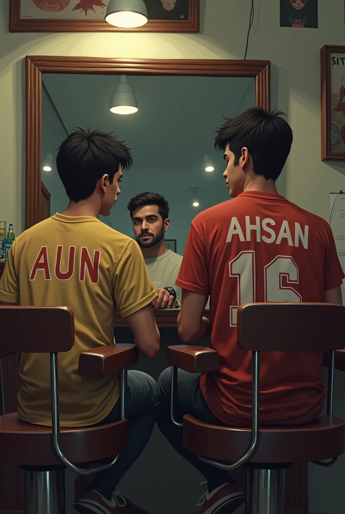 Two 16 year old friends are sitting in a barber shop with their names written on their shirts, one with "Ahsan Ali " and the other with "Aun Butt" and Ahsan pickup ak 47