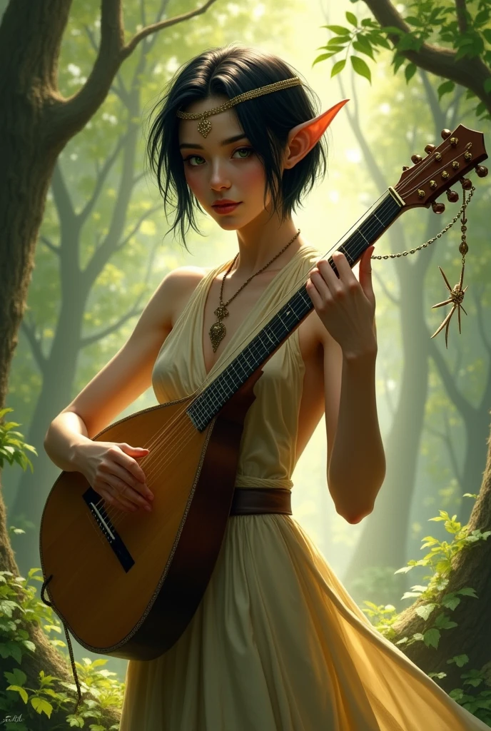 female elf with black short hair and a lute