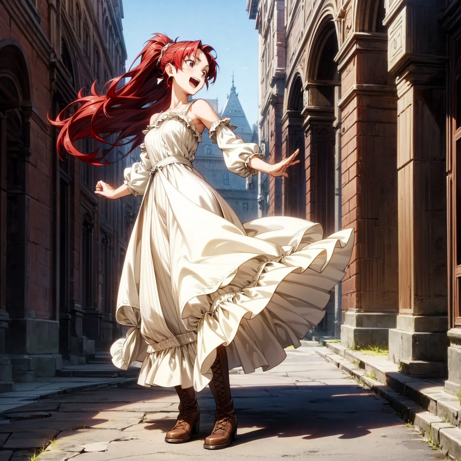 Solo character, full body version, young girl, black eyes, red color hair, long hair, ponytail, long dress clothing, Victorian dress, white color dress, bare shoulder clothing, long skirt, boots, outdoor, village, medieval, morning, standing gesture, detailed background, detailed clothing, detailed hair, happy eyes, open mouth, Medium breast 