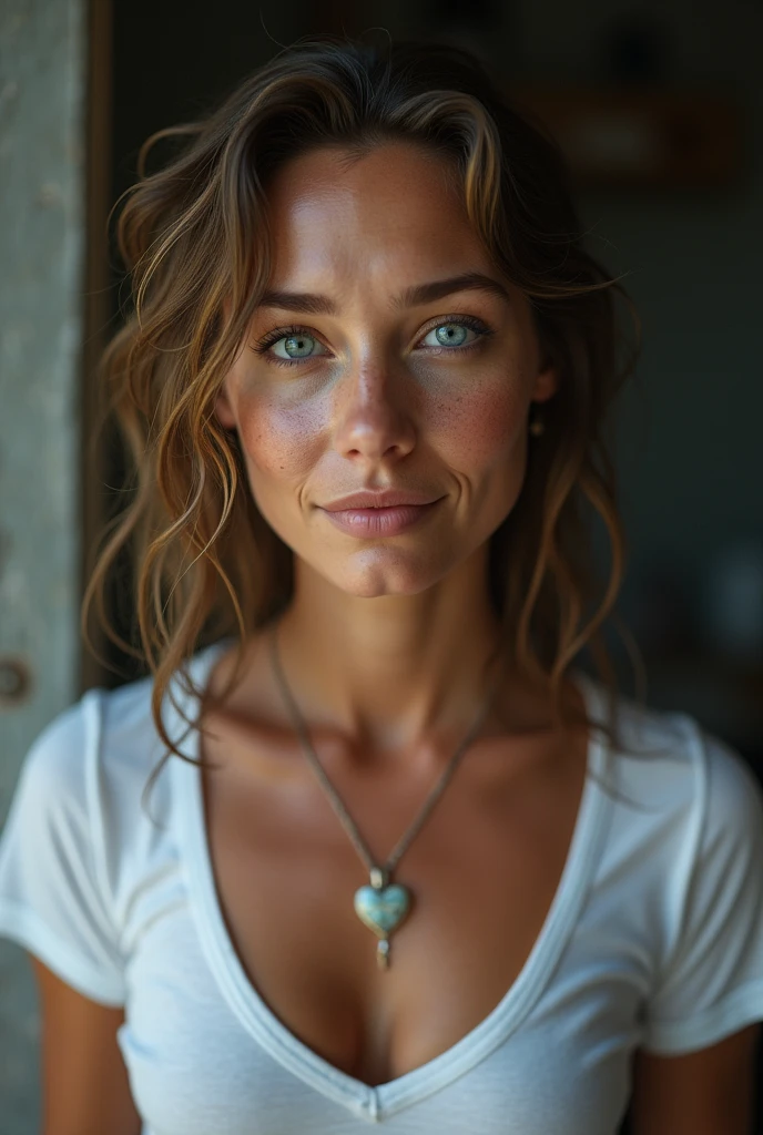 40 year old woman, wrinkles on the face, bright blue eyes:1.4, (photorealistic:1.4, extremely complex:1.3, radiation, photon mapping, dtx, 8 K), ((((heart necklace close up, White T-shirt, wet, [medium breast:Big breasts:0.8])), wet, [Skin detail:freckles:0.7], natural), Bock effect, blurred background, Focus on face