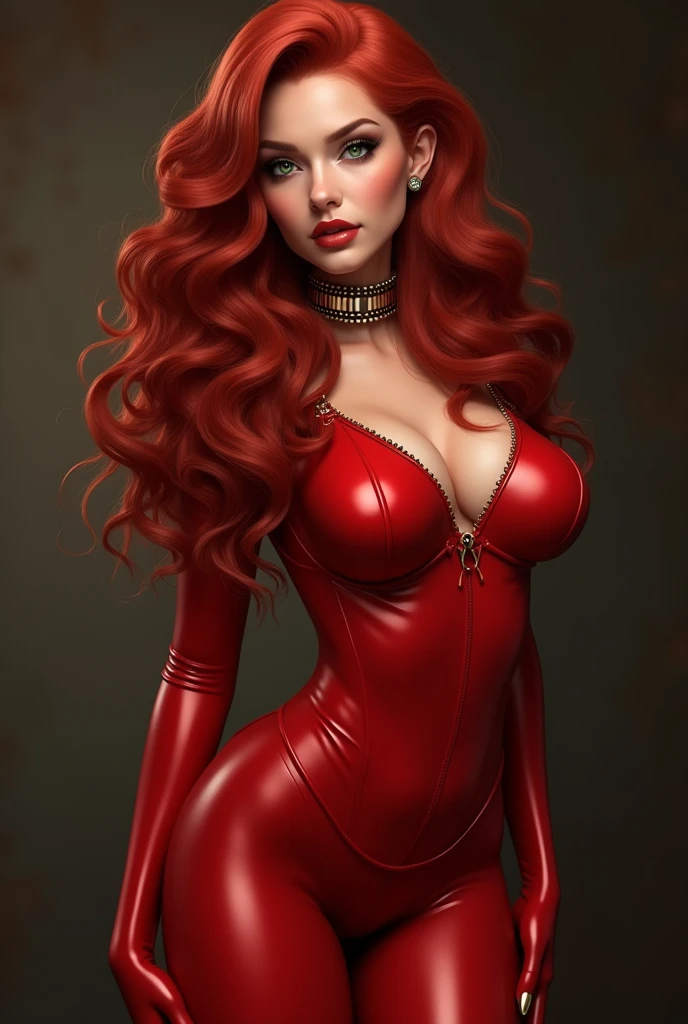 ((masterpiece)), (best quality), (detailed), (1girl), (full body), red hair, emerald green eyes, wavy luscious hair, locked around the neck, very shiny red latex bodysuit, sexy pose