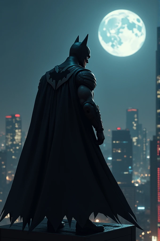 It is night time and the moon is out shining on his suit Batman and he is a black person inside. He is standing on top of a building that is written Joina City.
A building behind him in the background is written or named “ Joina City”
