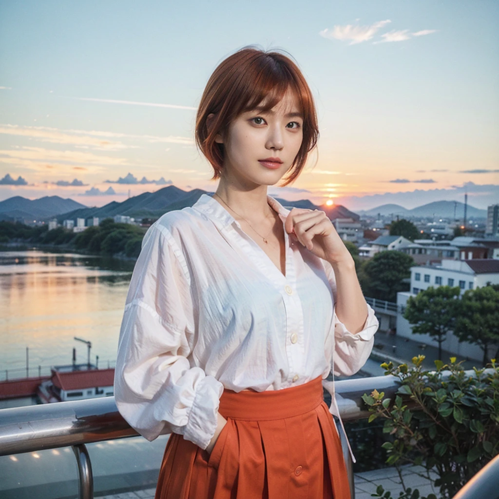 Model actress、One Woman、Singer-songwriter、cool、Japanese and half European、Bright orange hair colour、short hair、Sunset landscape