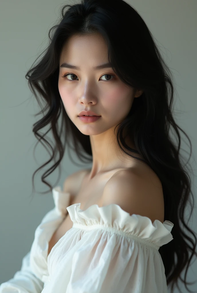 Young woman, white yellow, black hair, The eyes are black, height 163, breast size 1, length 100 cm