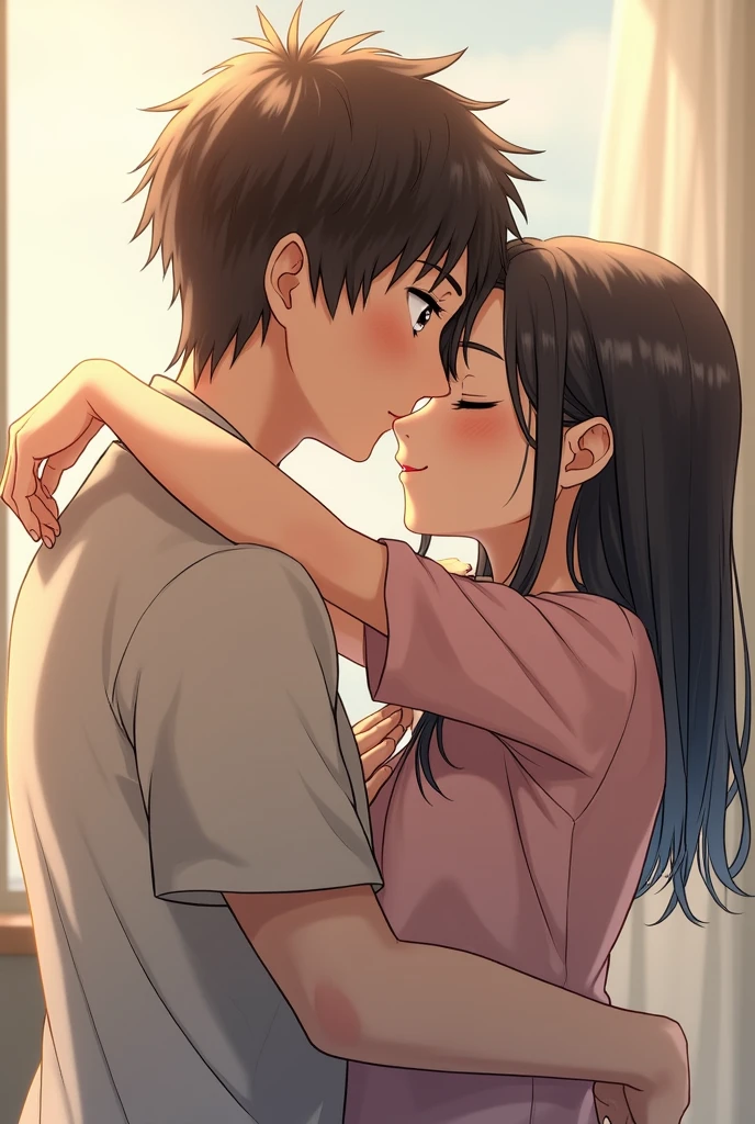 (photorealism:1.2) "A clear image of Lori Uta and Gojo Satoru in a hug, with Satoru gently wrapping his arms around Lori's waist and holding her close to him, as she leans against his chest, with half-closed eyes and a calm expression on his face. They both look relaxed and happy in the hug, enjoying the moment of closeness and connection between them."