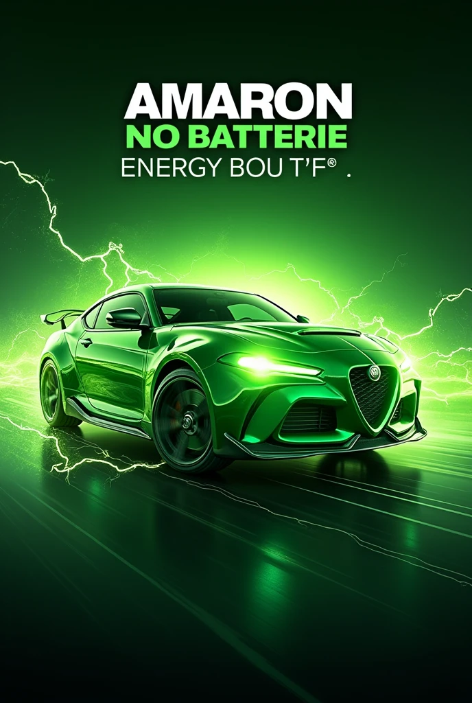 An AMARON batteries poster, with energy boost background with a car.
Green colour lead acid car battery, add a energy boosted car picture in background.