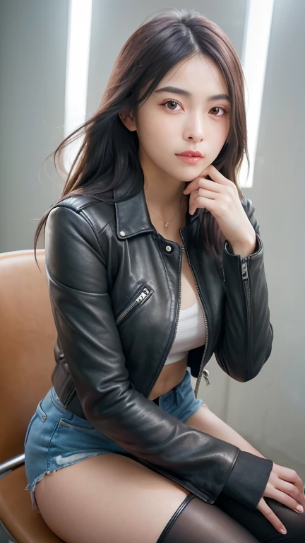 a 20 year old girl in a Realistic photo, photoRealistic, hyper-Realistic, Realistic, Smoother lighting, Enhanced Cinema Lighting, 32K, 1 girl, Realistic lighting, Backlight, Illuminate the face, Ray Tracing, Bright lighting, Improvement of quality, highest quality Realistic skin texture, Very fine particles, Highly detailed face, High quality eyes, Face close-up, T-Shirts, Enhances the body line, Improves the beauty of skin texture, leather jacket,Leather mini skirt(Black、Gloss)、Crossing your legs、Chair、Sitting、Lang Boots(Black、Gloss)