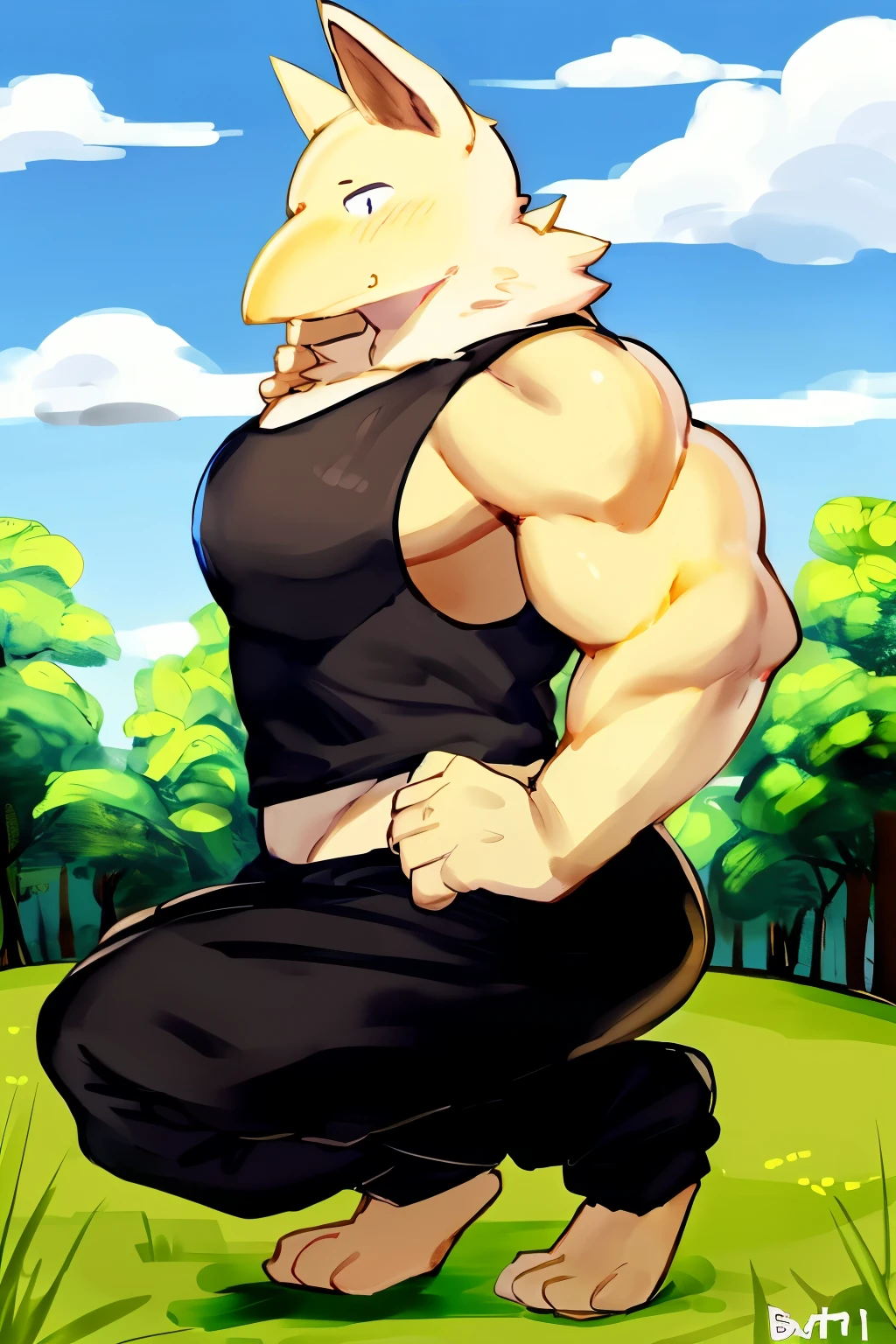Furry, Anthro, solo, Hypno, Male, (((muscular body, massive thighs, massive male pectorals, fluffy neck, wearing white fur around neck, crouching, hand on face, facing viewer))), ((((massive biceps, yellow skin)))), ((((((massive bulky torso, wearing black tanktop, wearing black sweatpants, barefoot, wide-eyed, head tilted)))))), full body shot, side view, meadow, forest, clouds, sky, by buta99, by zackary911, by bebebebebe, (((digital painting)))