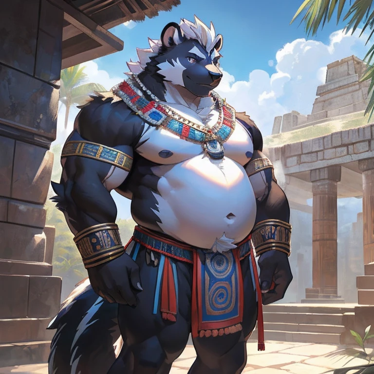 solo, anthro, furry, furry male, skunk,((short fur,furry, shaggy fur, opaque fur)), (skunk print), black pupils, white sclera, black body, black fur, black muzzle, black fur on face, indigo eye, big skunk tail, detailed fur, detailed face, detailed eyes, (Mayan clothing, Mayan neckpiece, Mayan bottoms), Mayan temple, lots of pillows and soft surfaces, (by null-ghost,by raccoon21, masterpiece, high quality, hi-res, 8k, hd, dark), standing, offering hand to viewer, looking at viewer, day, gentle expression, musclegut skunk man, muscular, big belly, fat belly, obese belly, pillowy pectorals, soft pectorals, big pectorals, weight-lifter build, broad shoulders, black fur, indigo eyes, pink pawpads, mid 30s, relaxed, lazy, indigo smoke, white Mohawk,